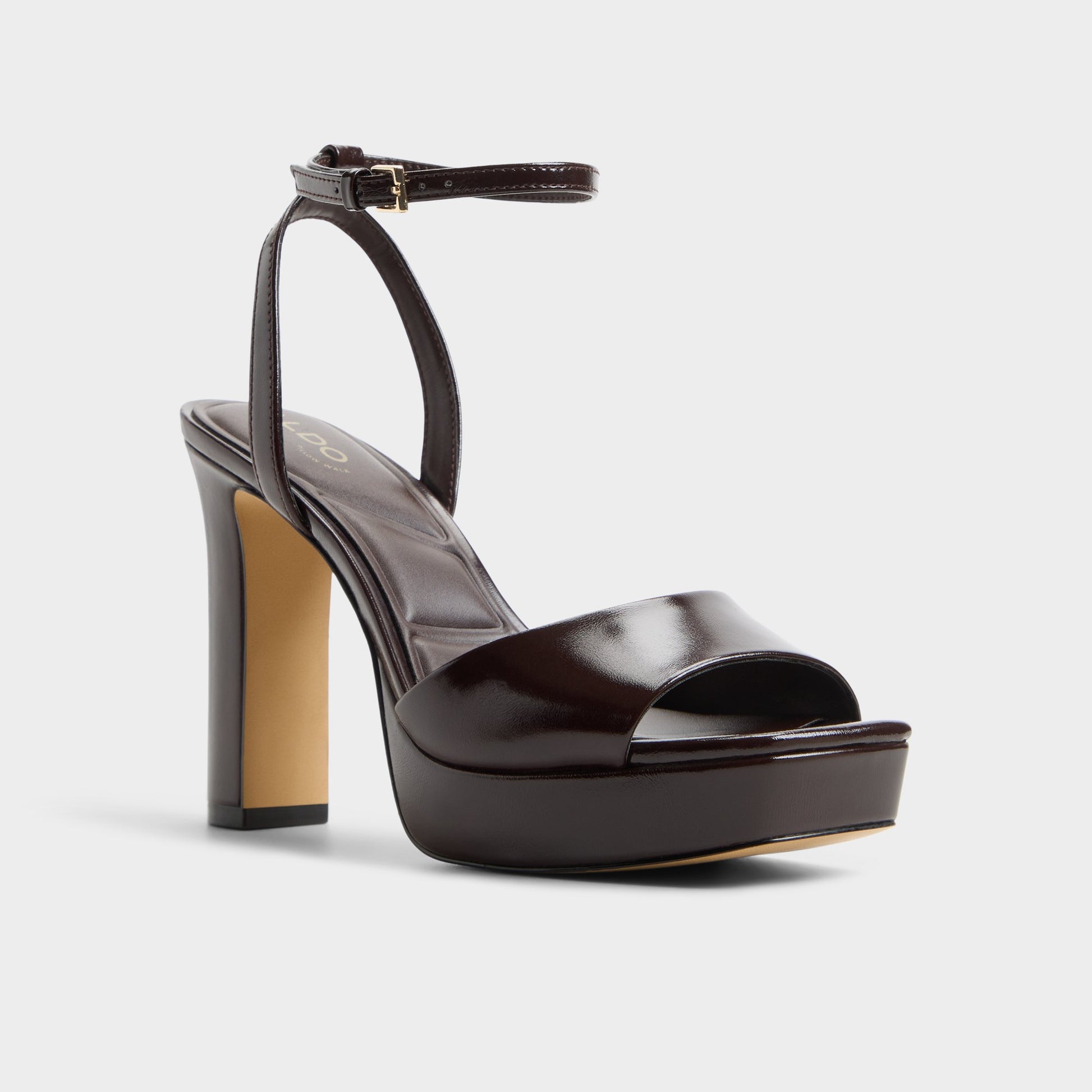 Three-quarter angle of Dark brown Chicgleam Strappy heeled sandal's front side