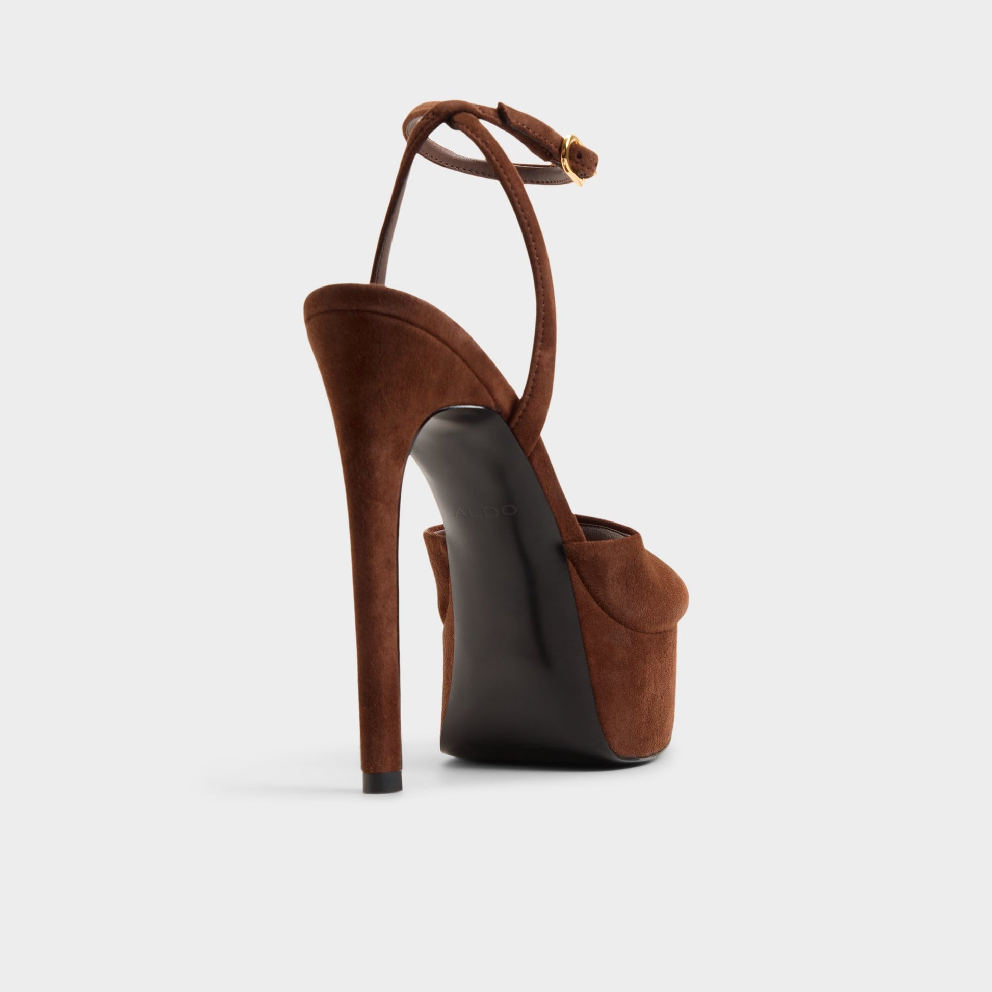 Three-quarter angle of Dark brown Thalie Strappy heeled sandal's back side