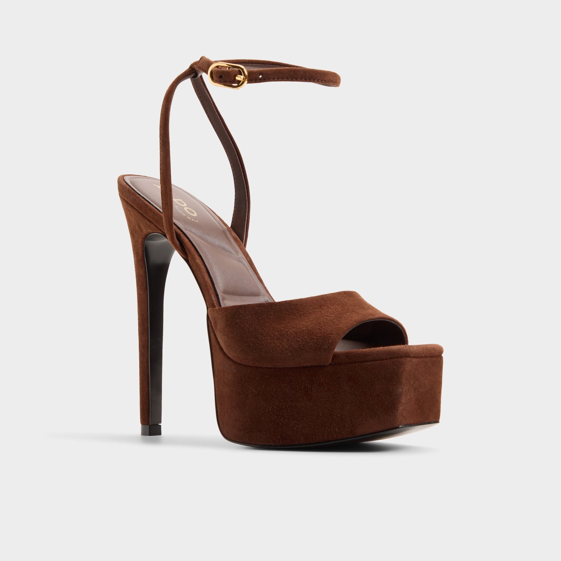 Three-quarter angle of Dark brown Thalie Strappy heeled sandal's front side