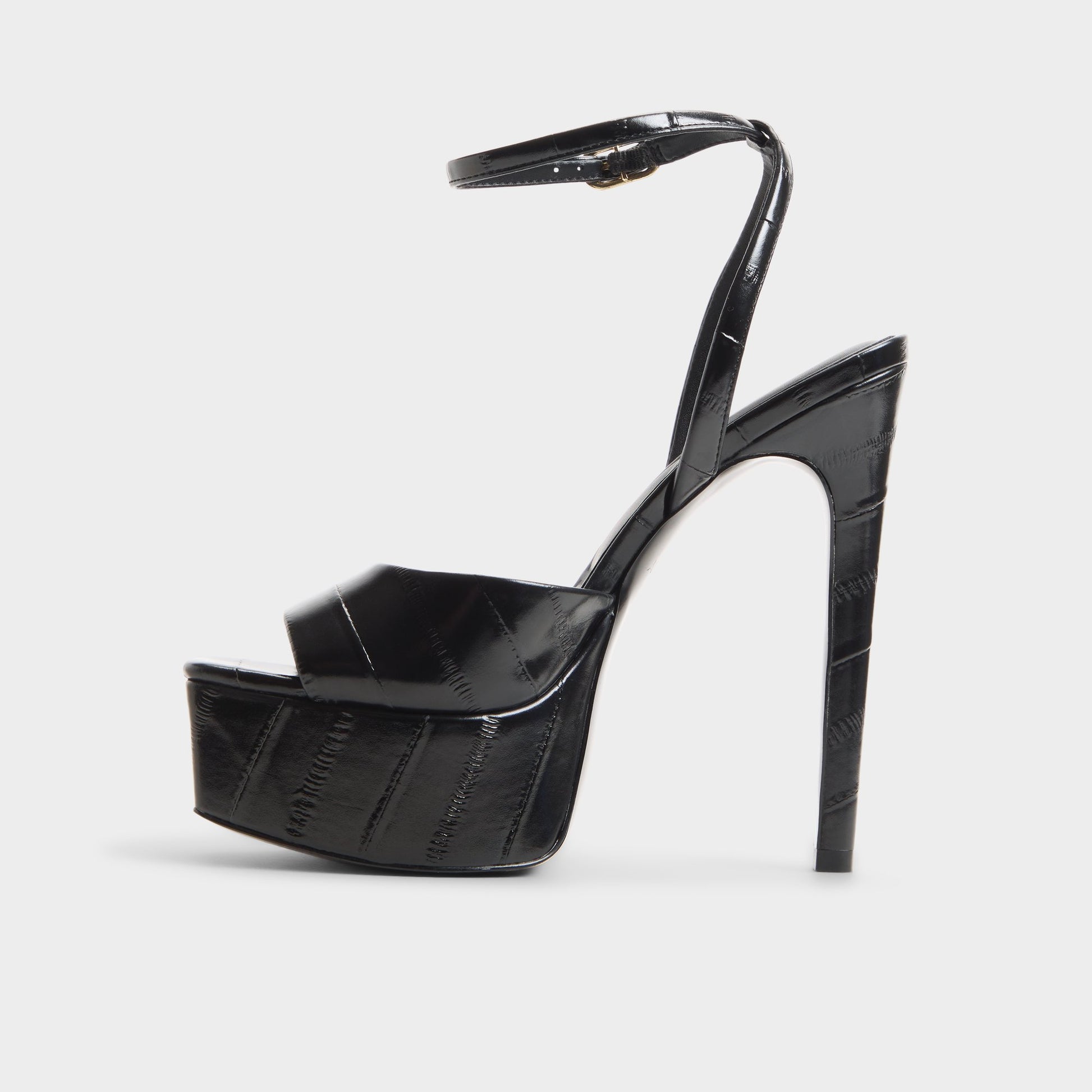 Side view of Black Thalie Strappy heeled sandal