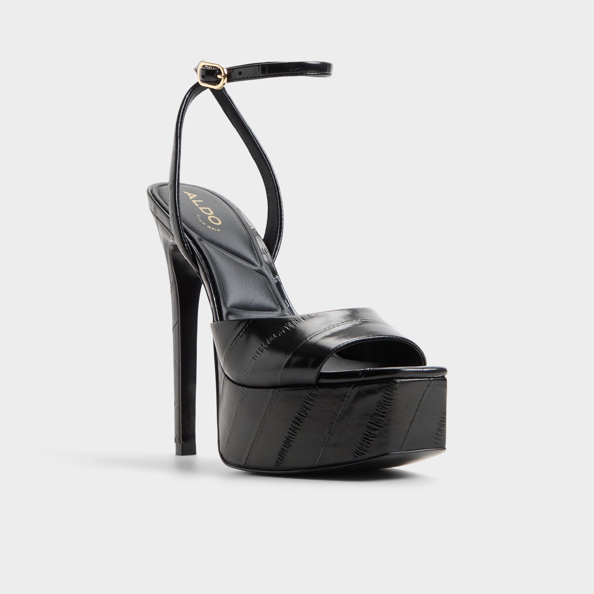 Three-quarter angle of Black Thalie Strappy heeled sandal's front side