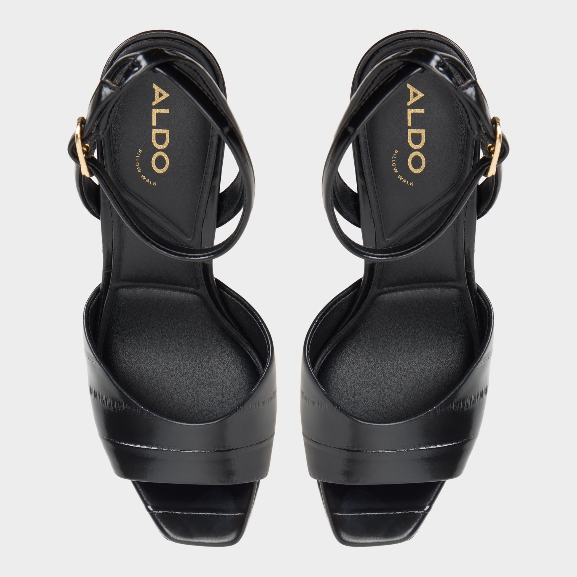Top-down view of the Black Thalie Strappy heeled sandal