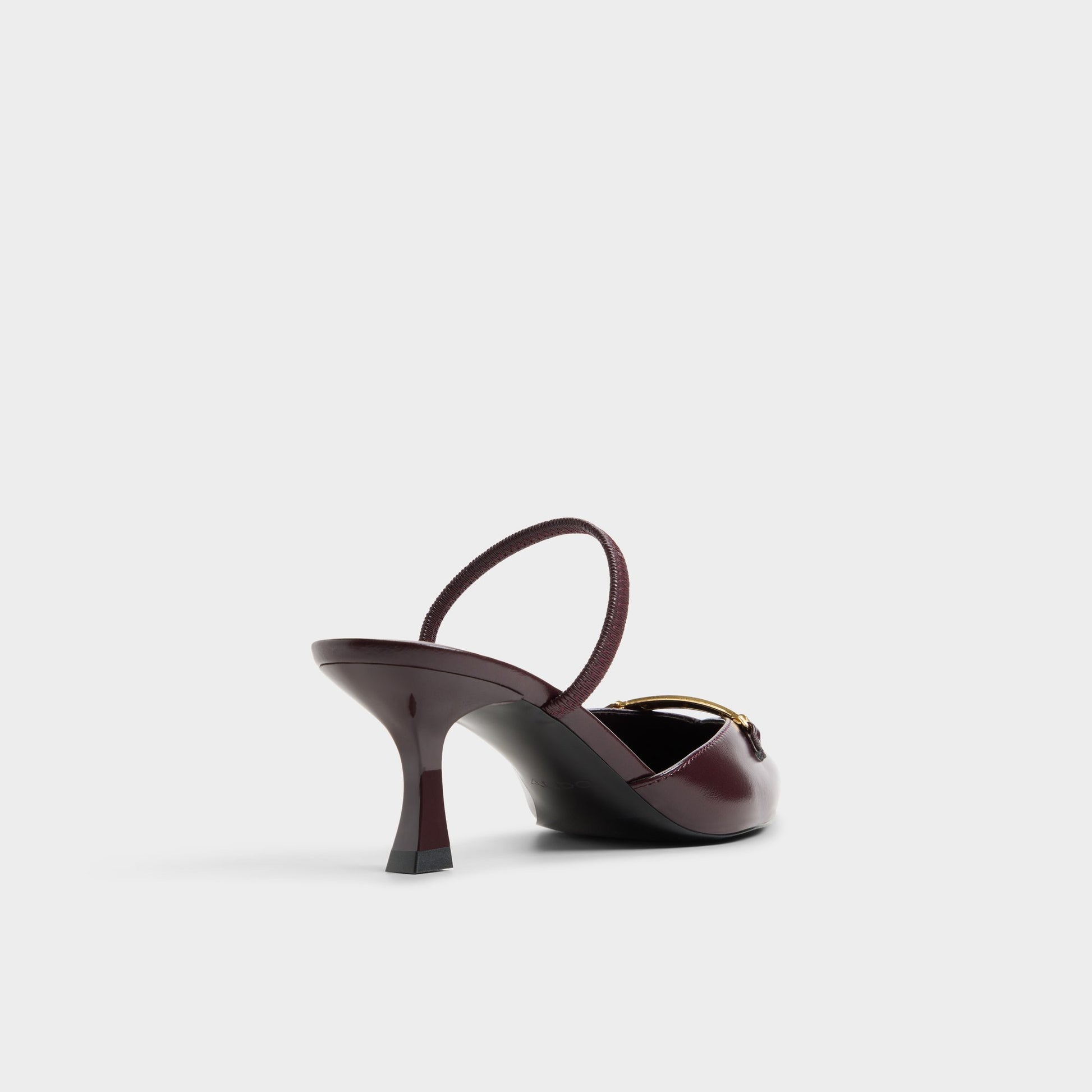 Three-quarter angle of Burgundy Nailah Slingback kitten heel's back side