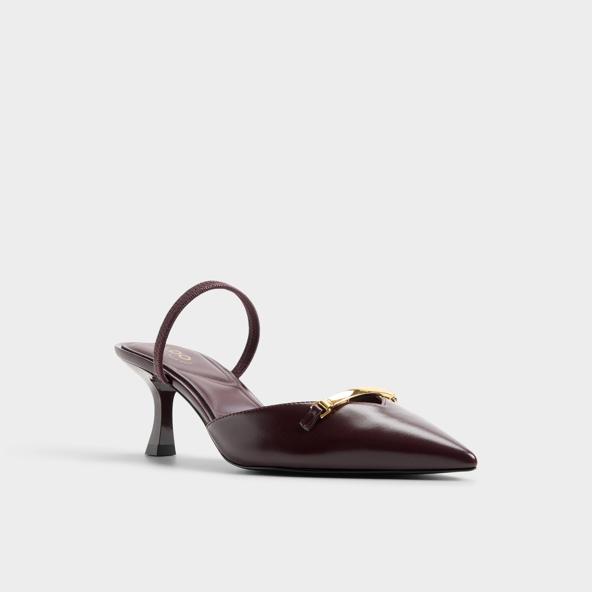 Three-quarter angle of Burgundy Nailah Slingback kitten heel's front side