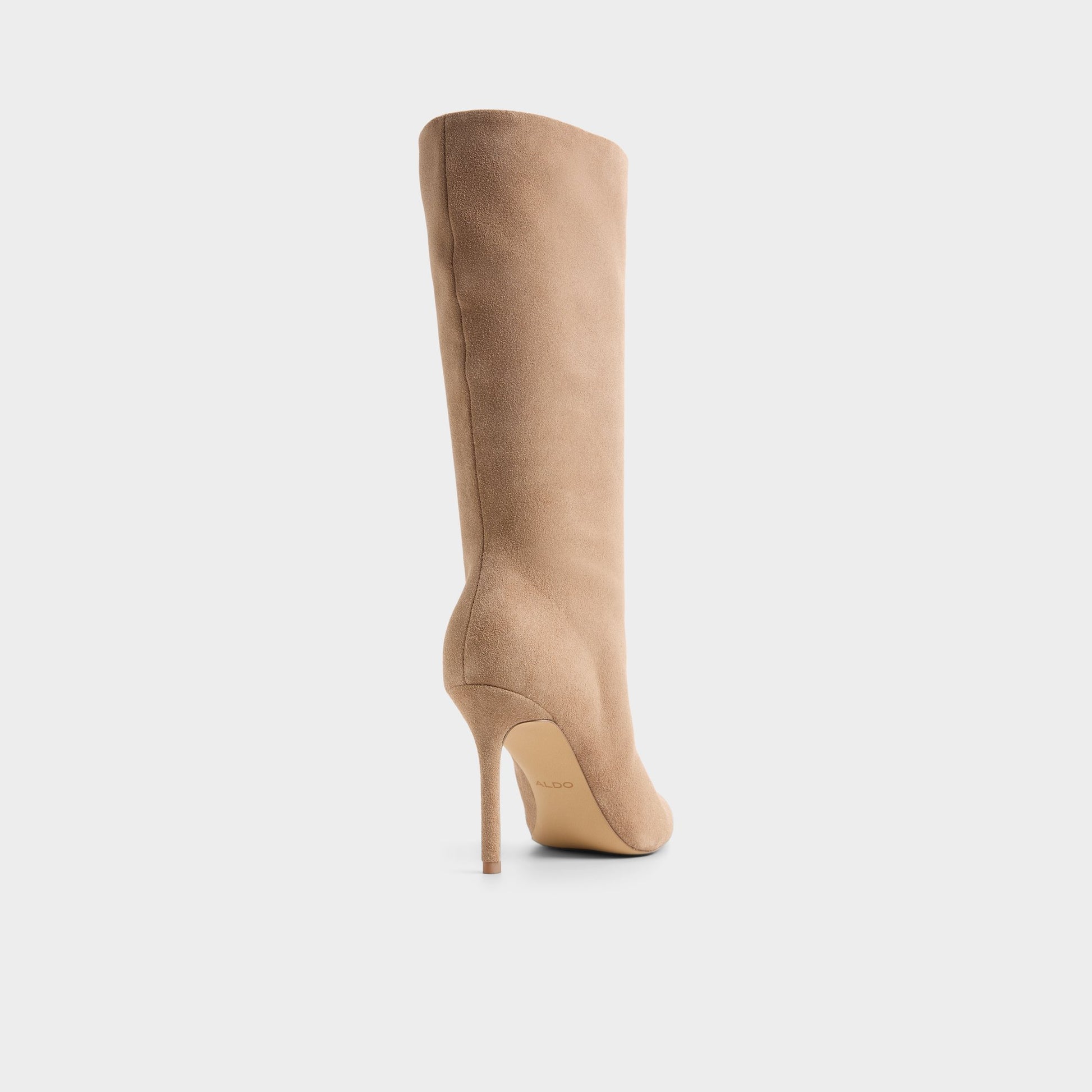 Three-quarter angle of Taupe Zohey Mid-calf boot's back side