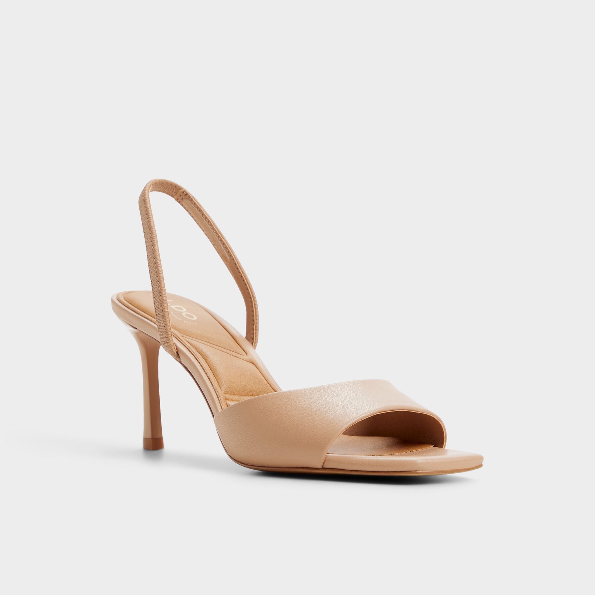 Three-quarter angle of Beige Andya Slingback heeled sandal's front side