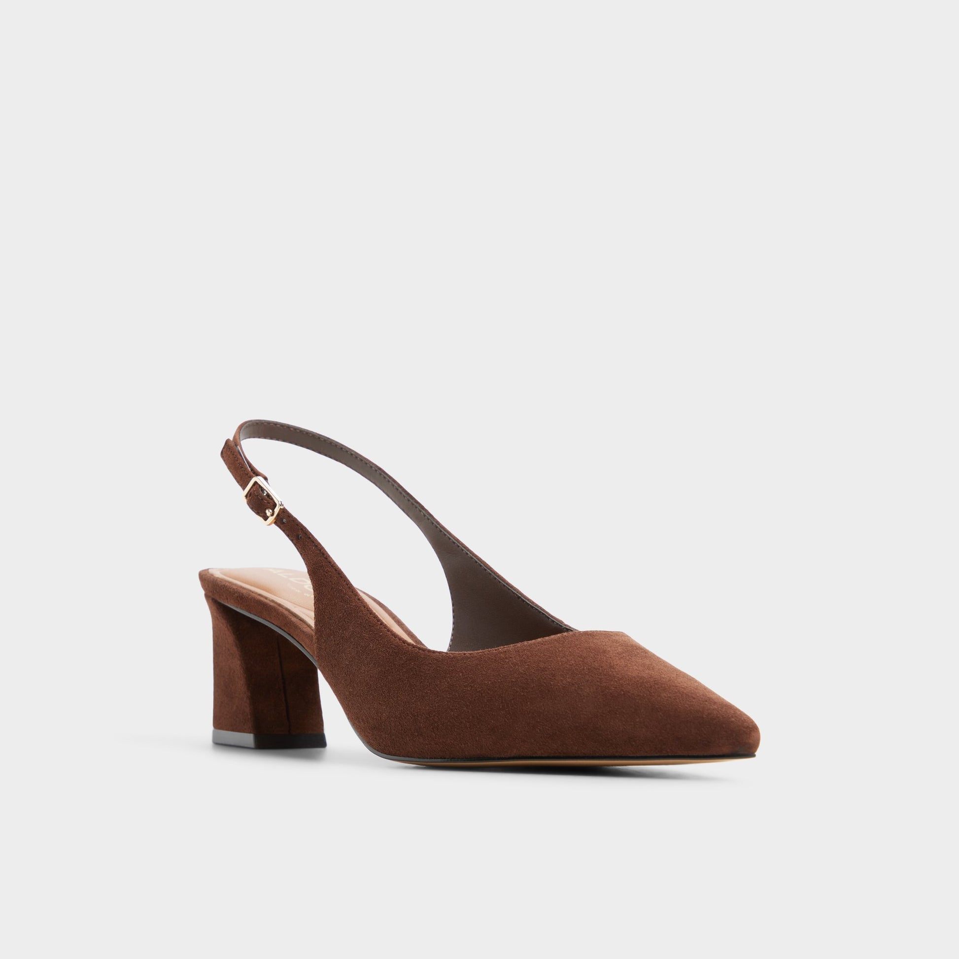 Three-quarter angle of Dark brown Alicieaa Slingback heel's front side