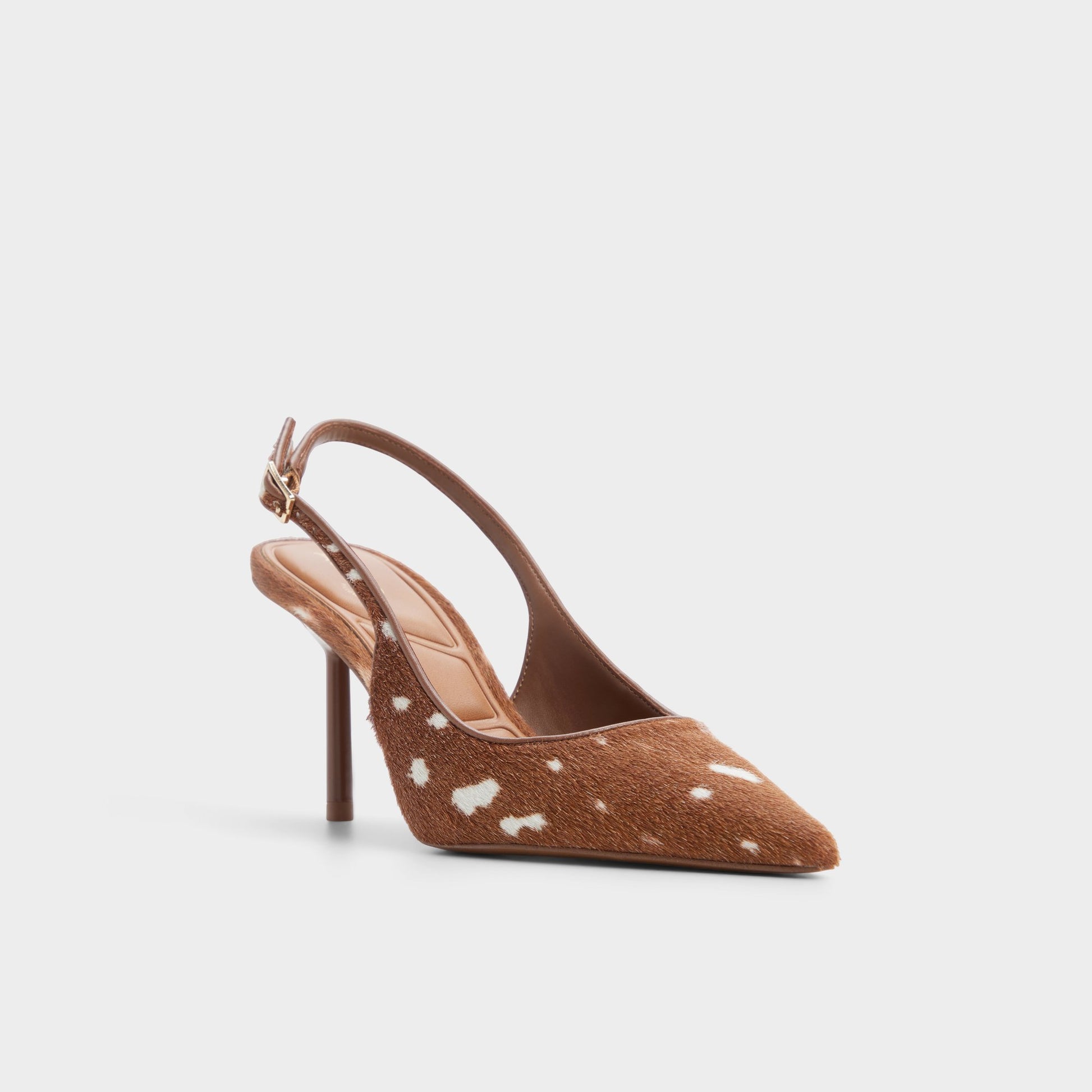 Three-quarter angle of Open brown Seralina Slingback high heel's front side