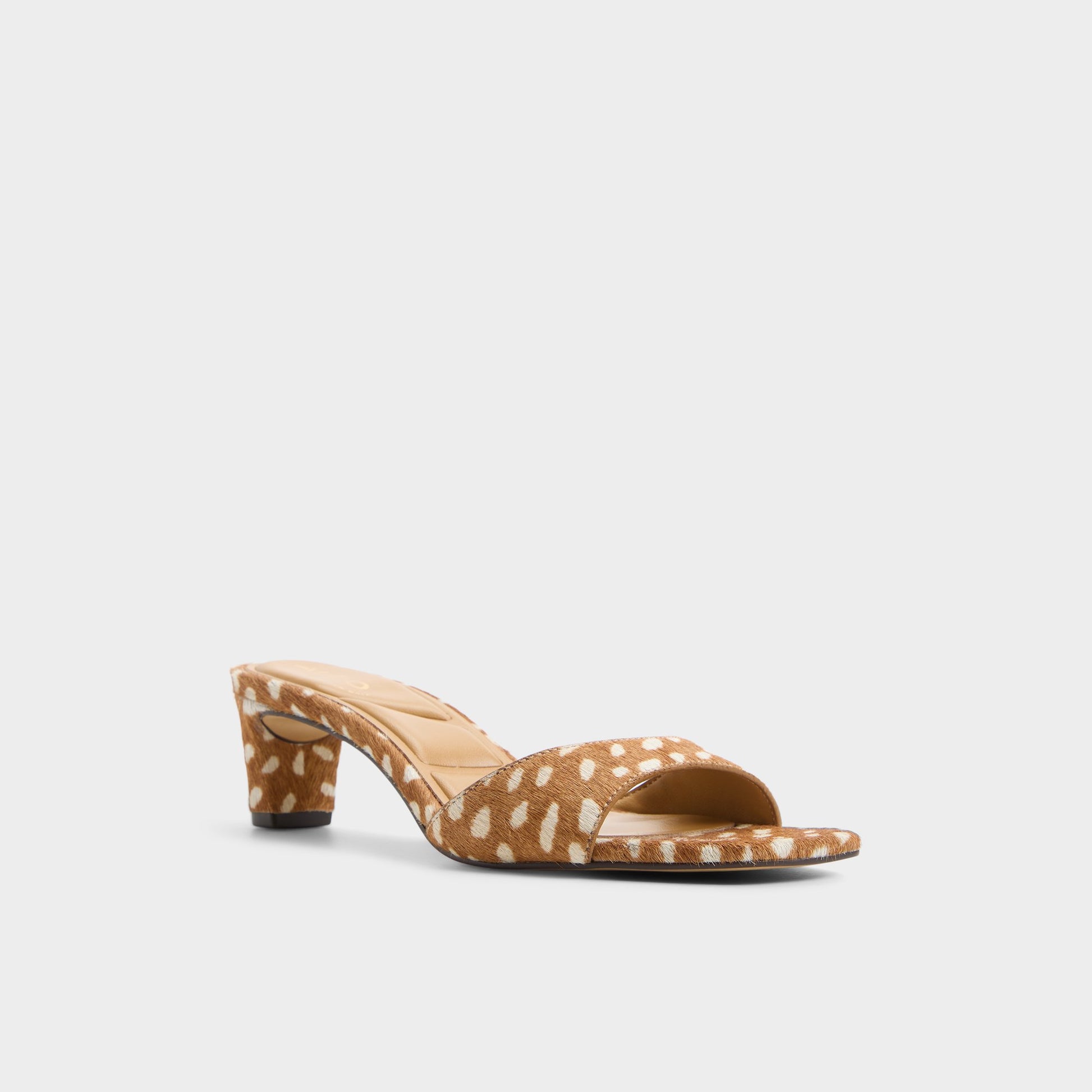 Three-quarter angle of Open brown Ankea Heeled mule's front side