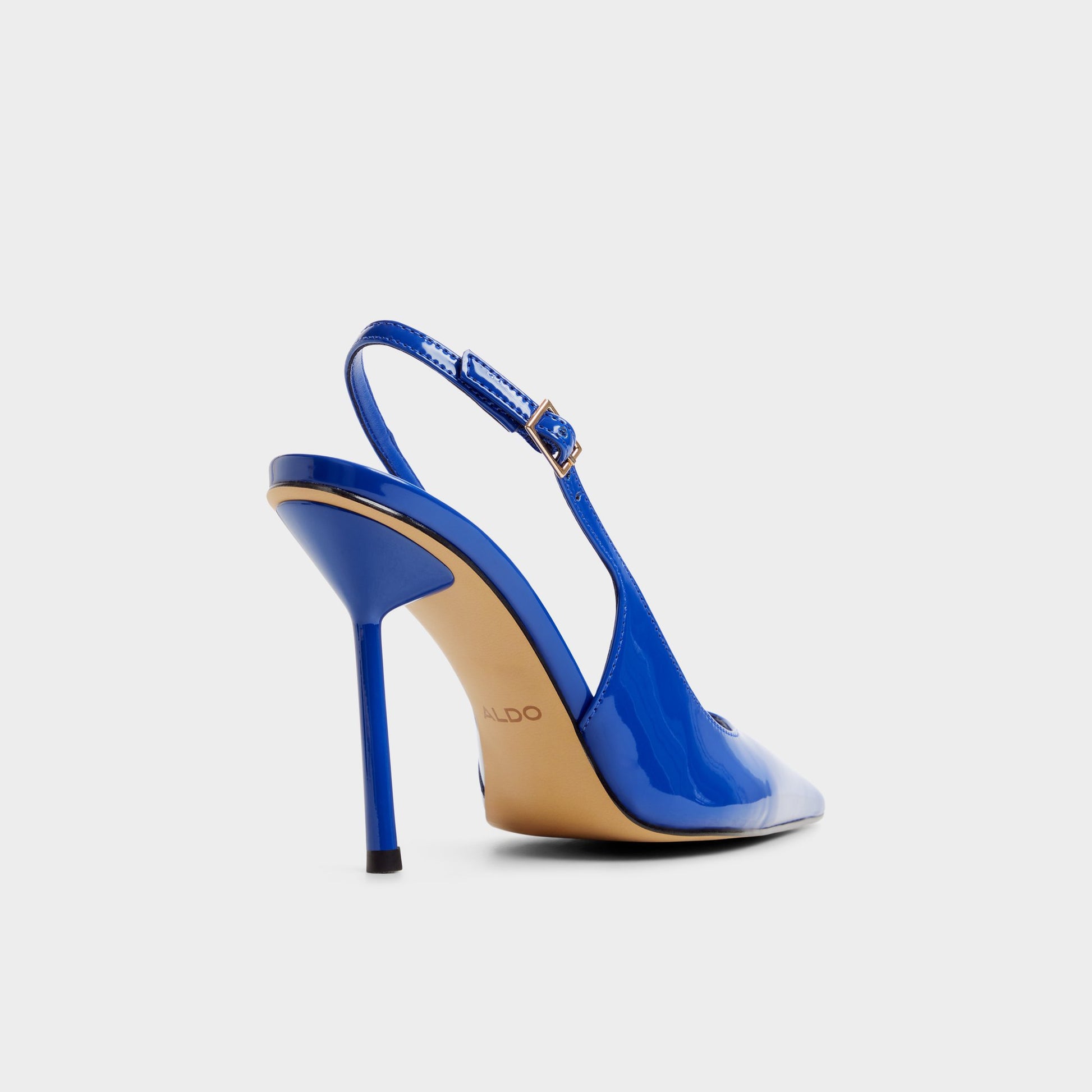 Three-quarter angle of Cobalt Serrah Slingback kitten heel's back side