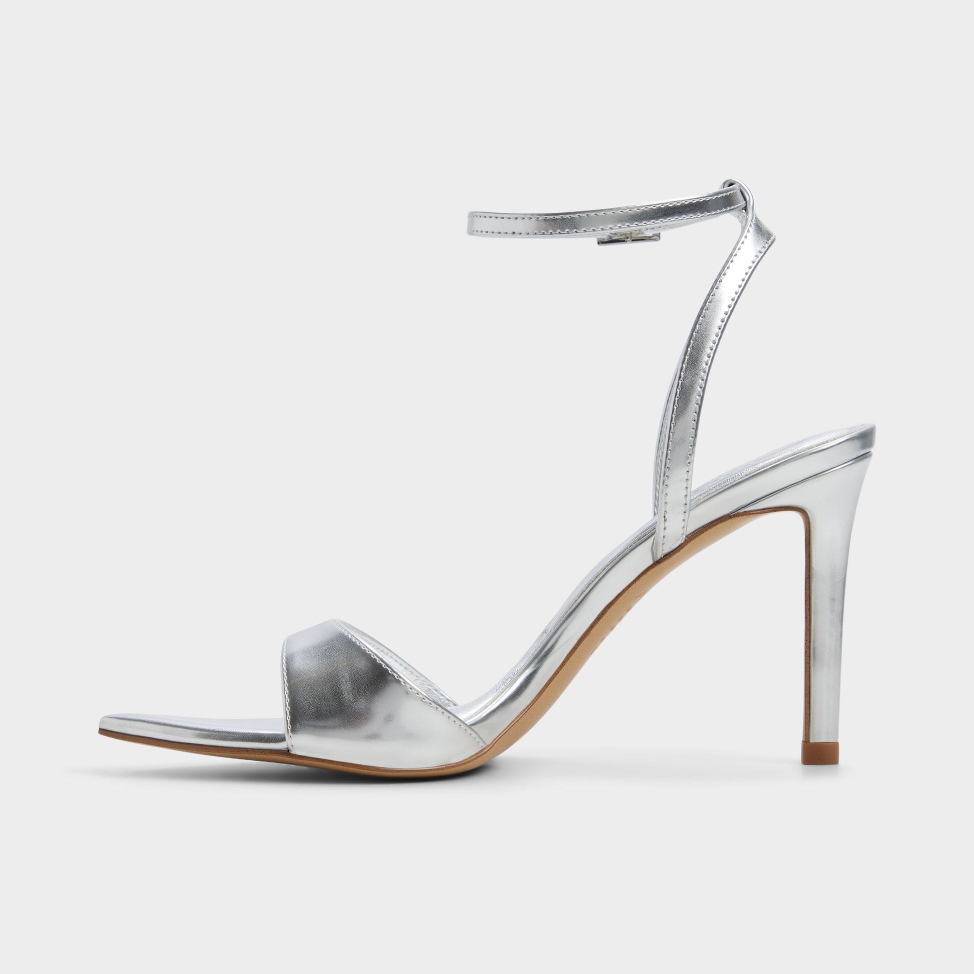 Side view of Silver Leandra Strappy heeled sandal