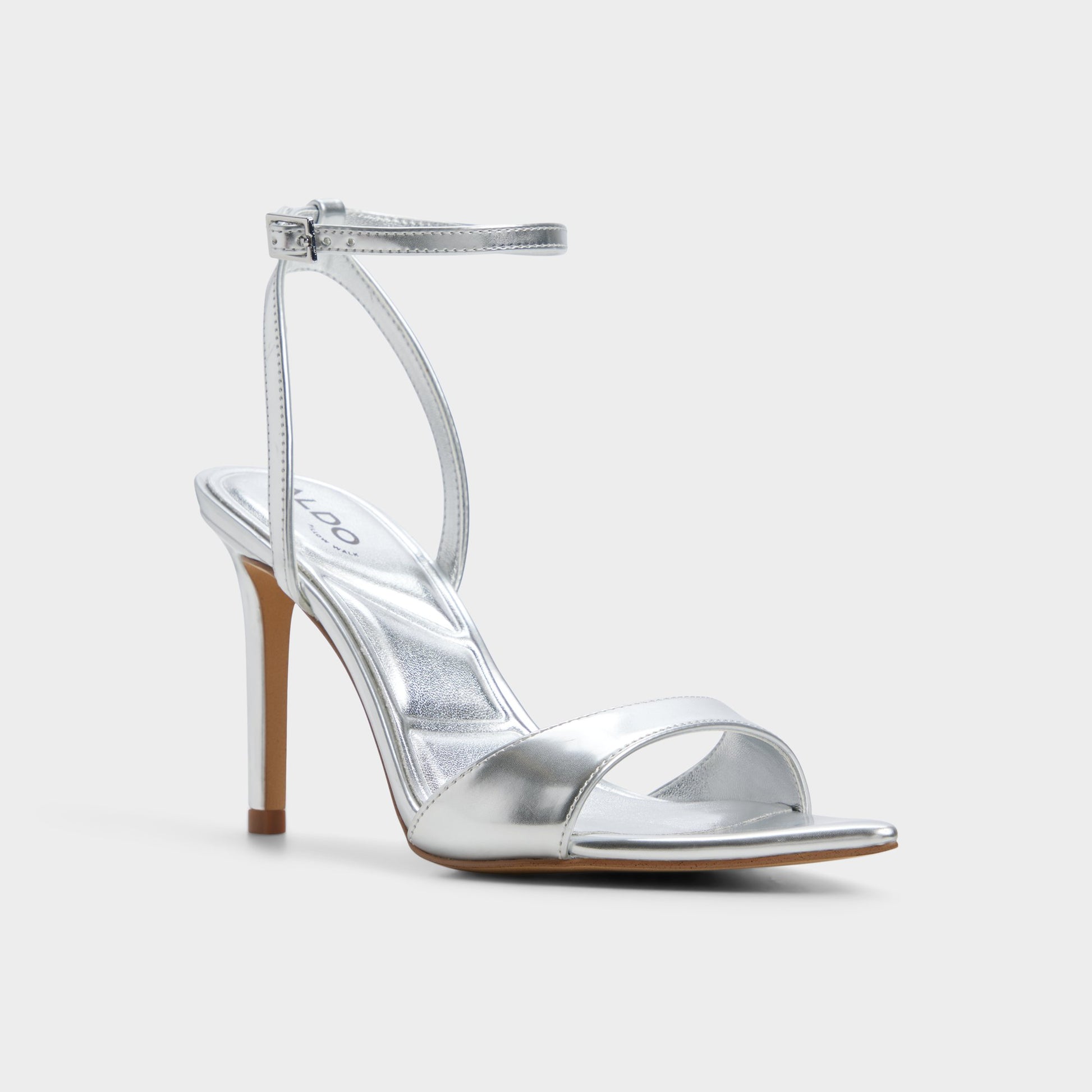 Three-quarter angle of Silver Leandra Strappy heeled sandal's front side
