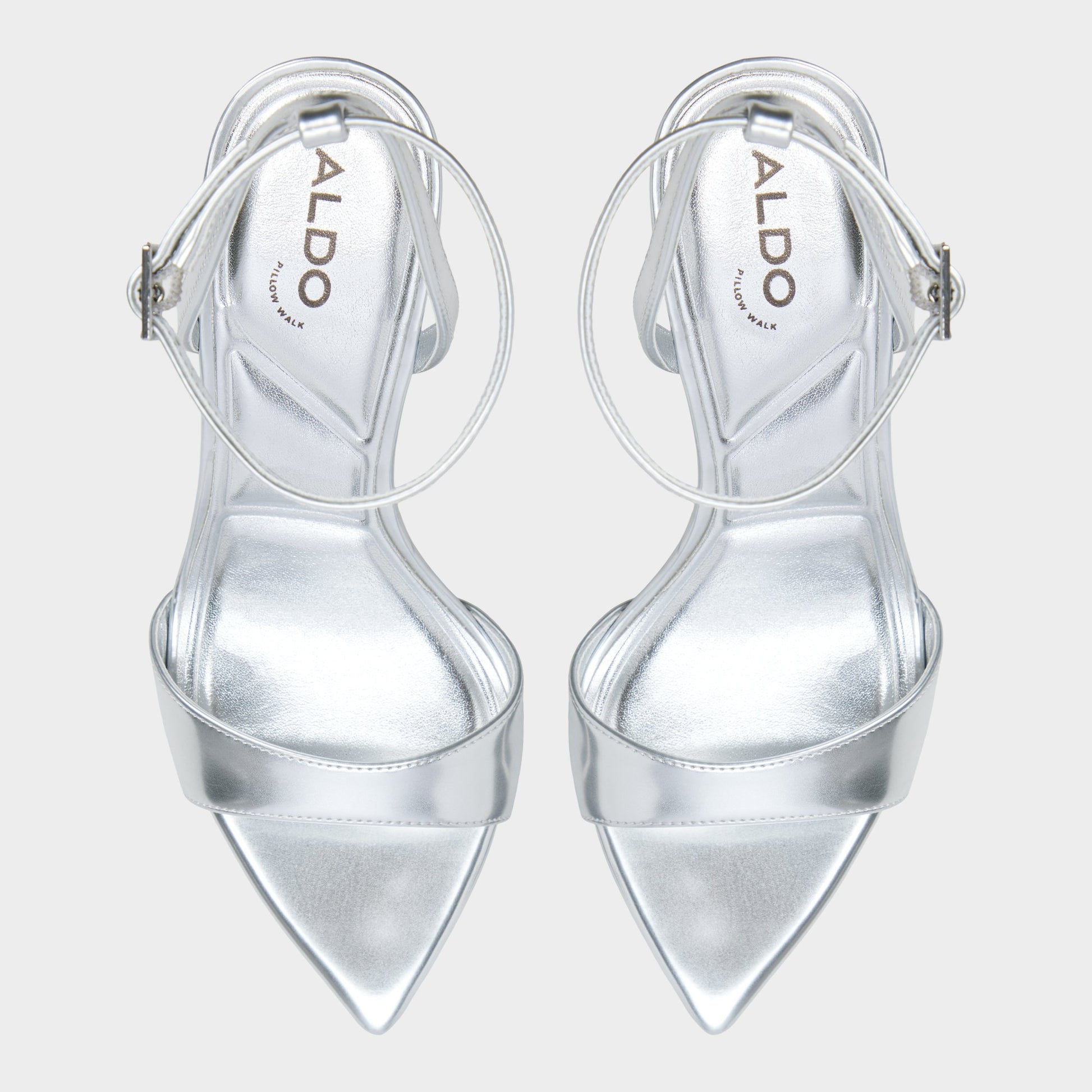 Top-down view of the Silver Leandra Strappy heeled sandal