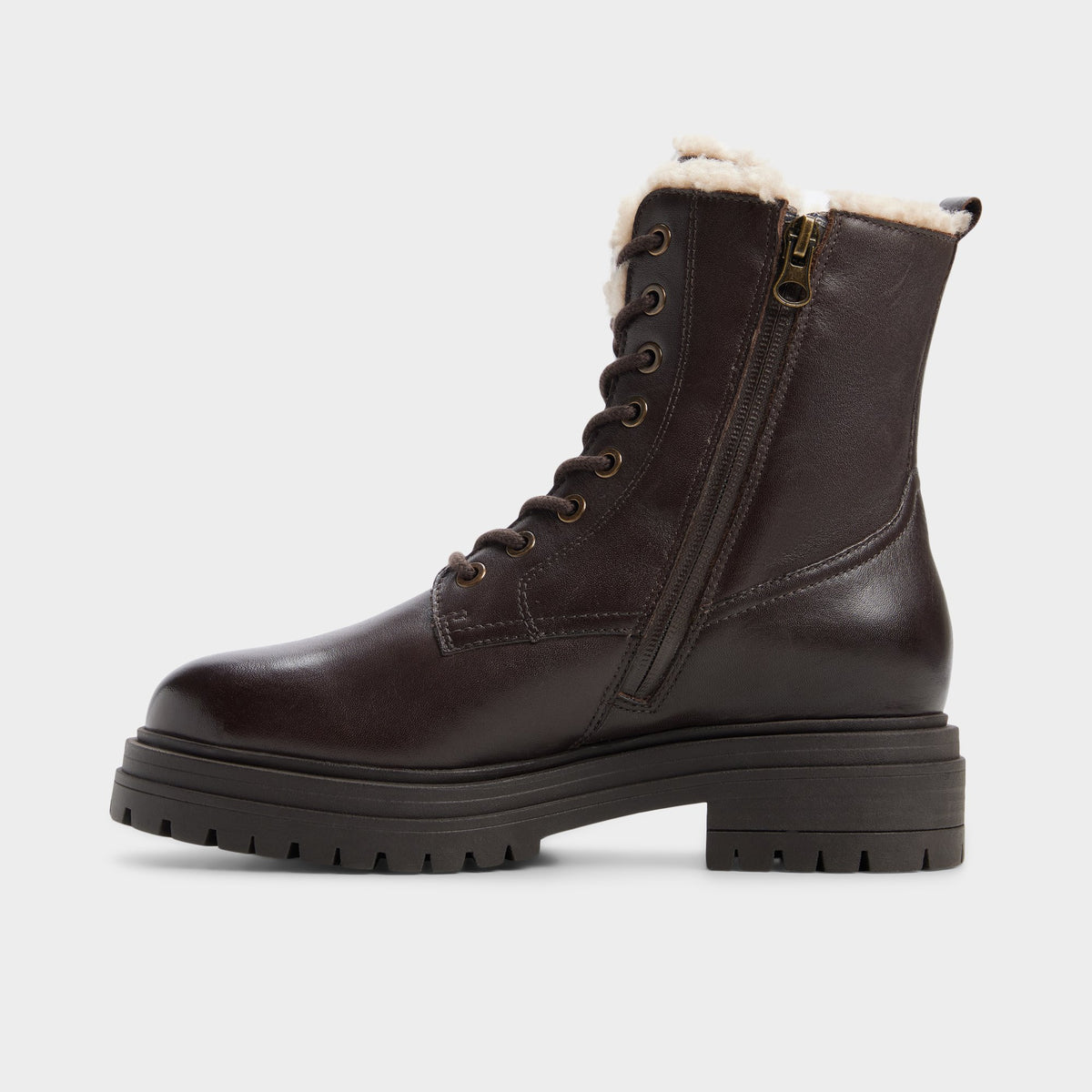 Side view of Dark brown Mirabelle Lug sole combat boot