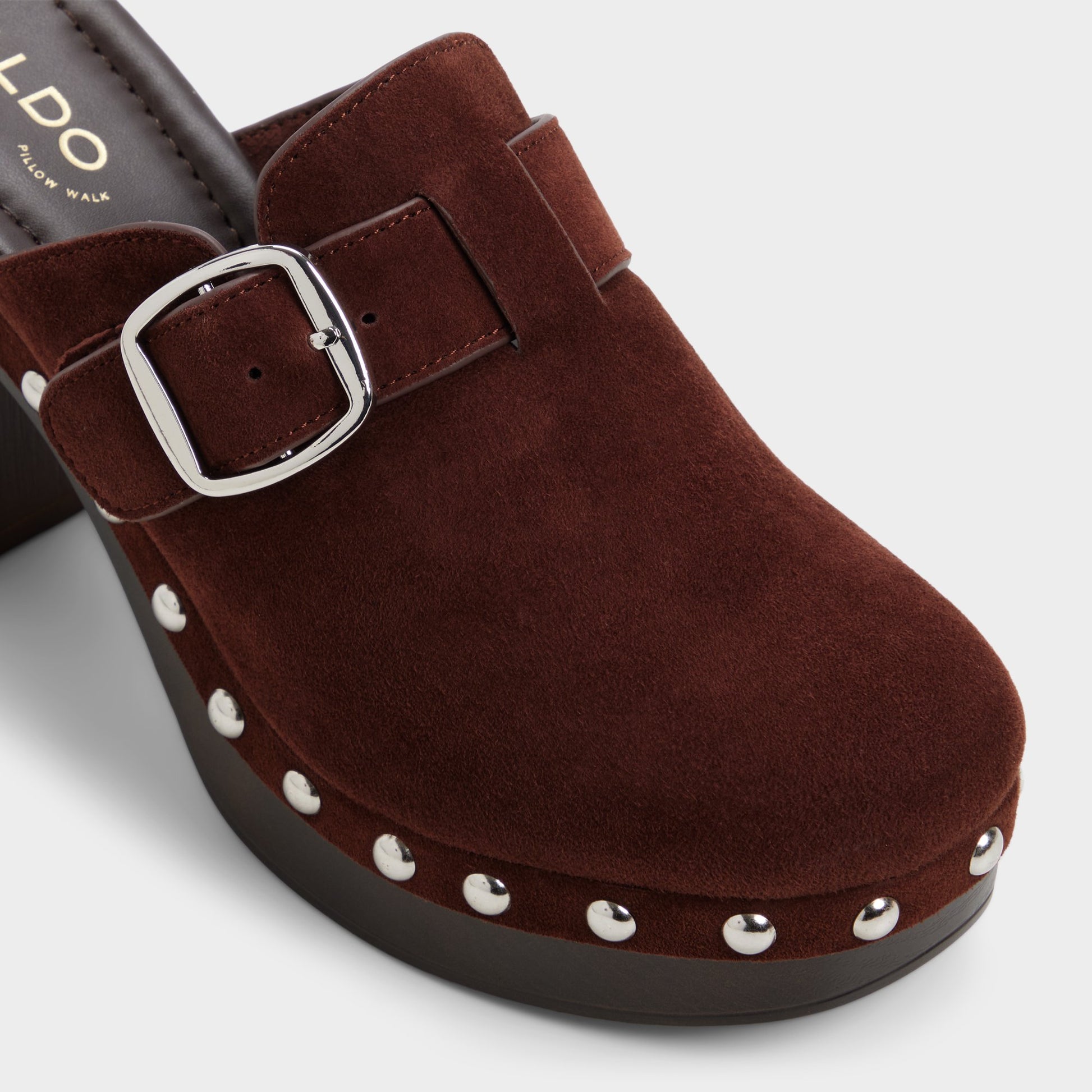 Three-quarter angle of Dark brown Miloria Mule's front side