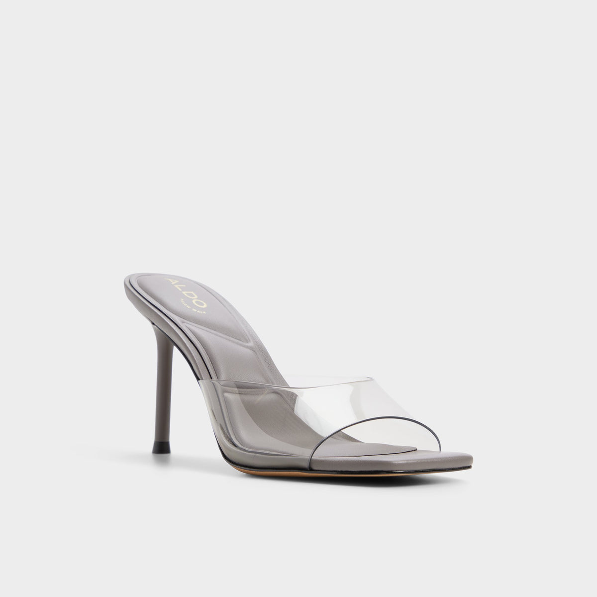 Three-quarter angle of Grey Eleono Heeled mule's front side