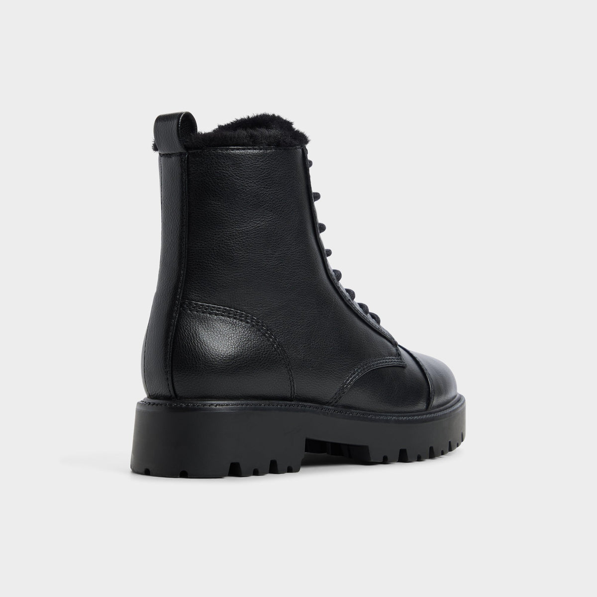 Three-quarter angle of Open black Goervynter Lug sole combat boot's back side