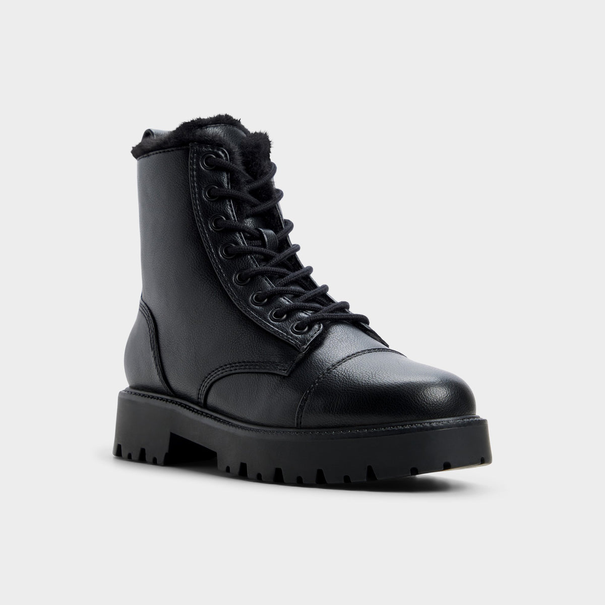 Three-quarter angle of Open black Goervynter Lug sole combat boot's front side