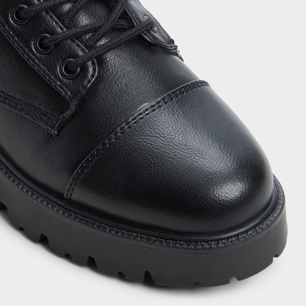 Close-up of the Open black Goervynter Lug sole combat boot
