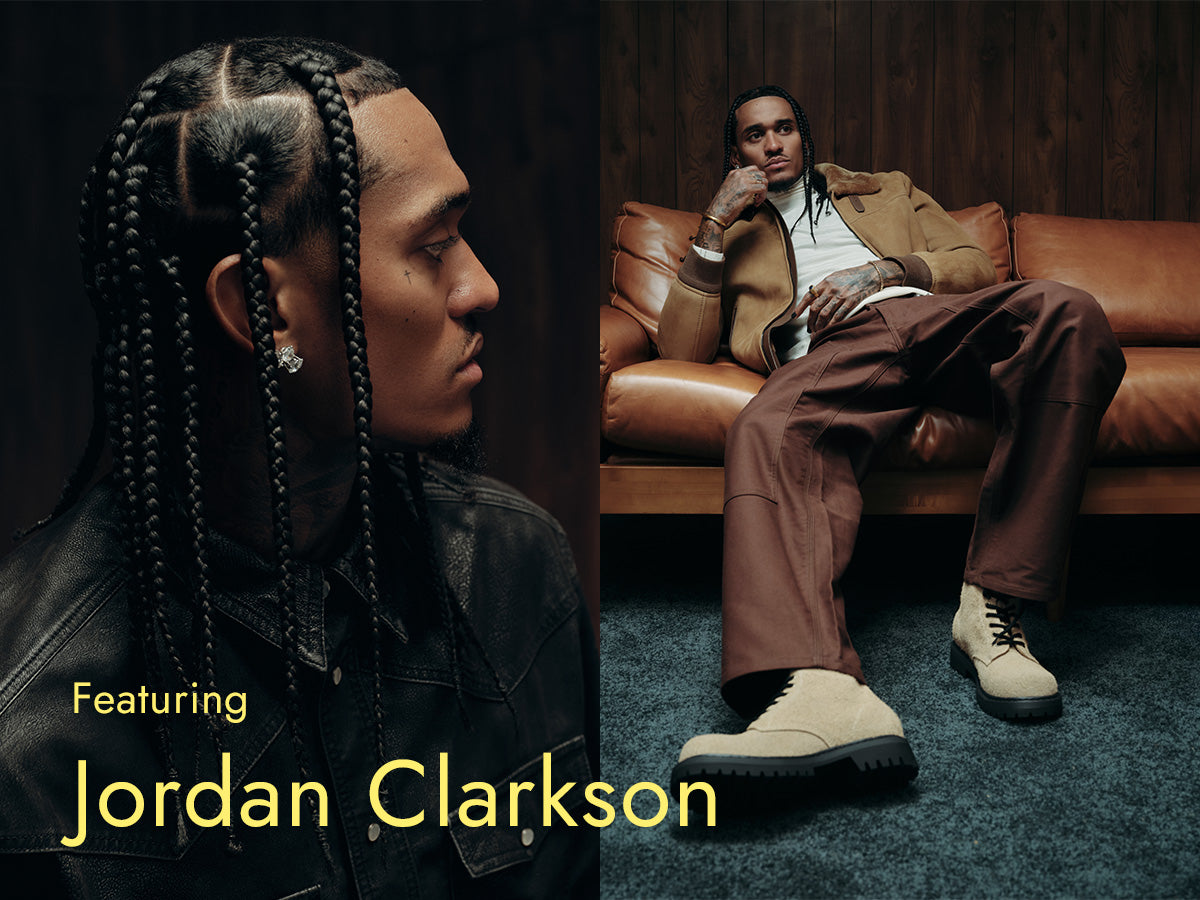 Jordan Clarkson wearing men's beige Doublezero lace-up boots