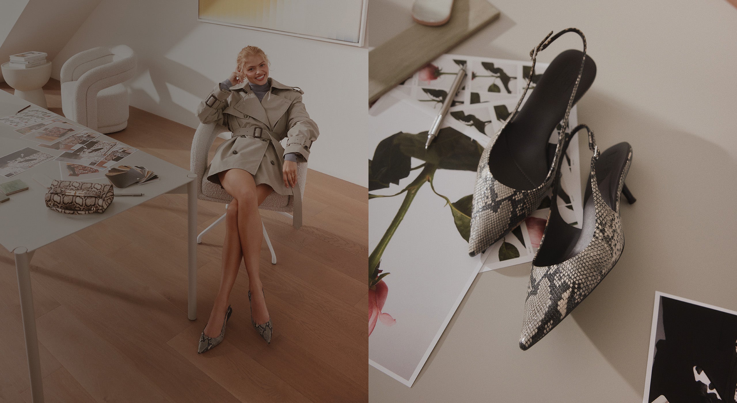 A split-screen lifestyle image showing a woman in a beige trench coat sitting in a chair, wearing gray snakeskin pointed-toe slingback heels, next to a close-up of the same snakeskin heels displayed on a table with fashion magazines.
