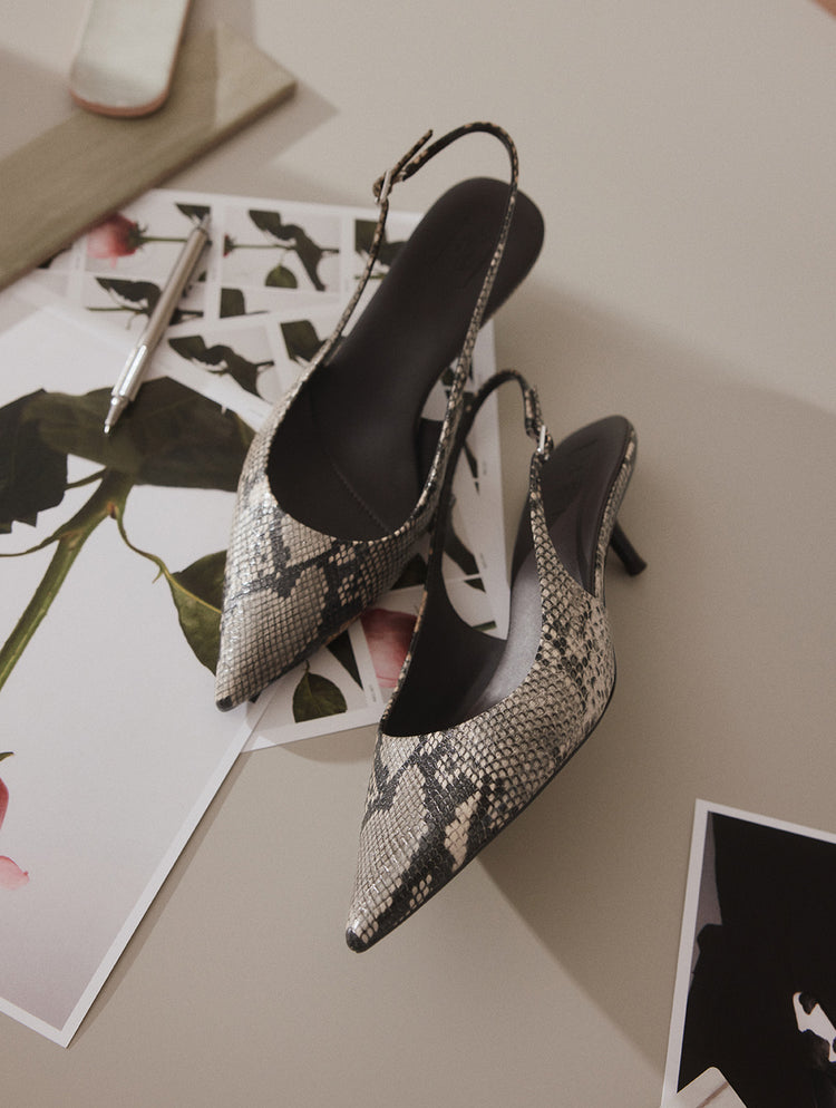 Une paire d’escarpins slingback à bout pointu à motif serpent dans des tons de gris, noir et beige, mise en scène sur des photos botaniques imprimées, sur une surface beige neutre.