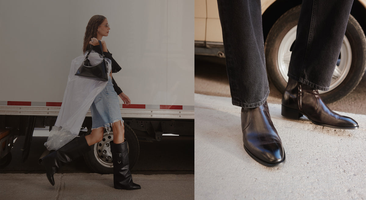 A split lifestyle image showing a woman walking beside a truck while wearing black knee-high boots and a sheer white duster, alongside a close-up of the boots on a person's feet with dark jeans and a truck tire in the background.