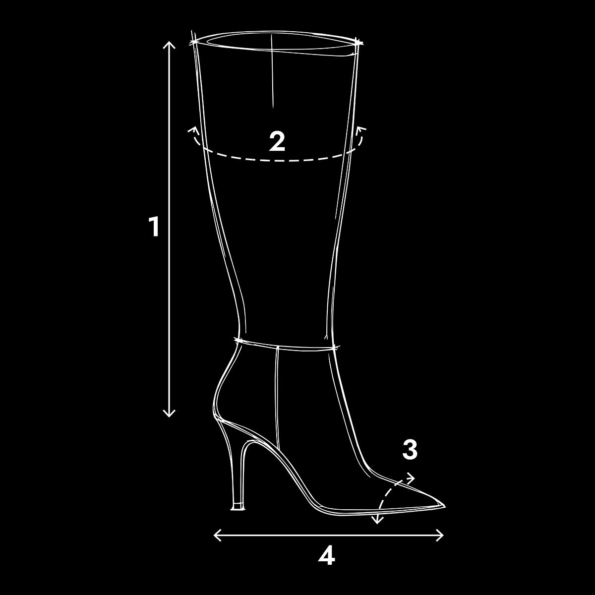 White line drawing of a tall heeled boot on a black background with dimension arrows and numbers 1, 2, 3, and 4 indicating measurements.