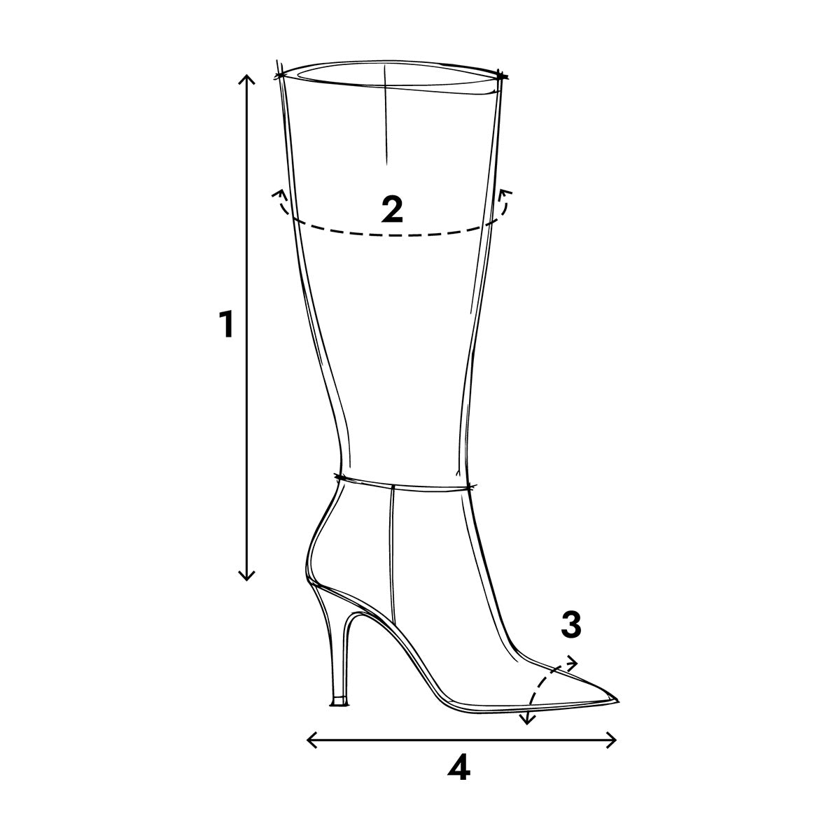 Black and white line art diagram of a high-heeled boot with measurement arrows and numbers 1, 2, 3, and 4 indicating different dimensions.